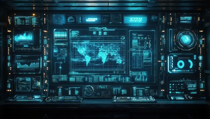 Fototapeta premium Detailed Futuristic Control Room Displaying Global Map and Data Analytics with High-Tech Interfaces and Digital Elements in a Sci-Fi Setting