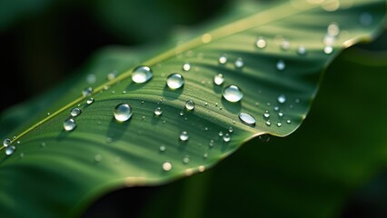 Close-Up of Dew Drops on Vibrant Green Leaf in Morning Light

