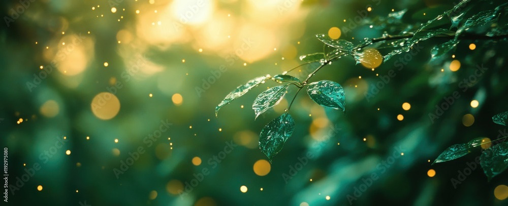 Poster dew-kissed leaves glimmering in a dreamy forest setting with soft bokeh lights and warm sunlight str