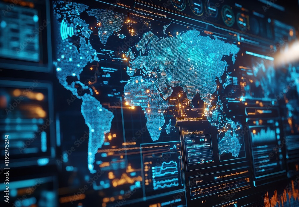 Poster detailed visualization of global connectivity and data analysis represented through a digital map of