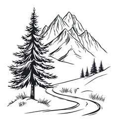 Obraz premium A simple vector line drawing of mountains and trees, with snow on the ground, white background