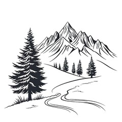 A simple vector line drawing of mountains and trees, with snow on the ground, white background