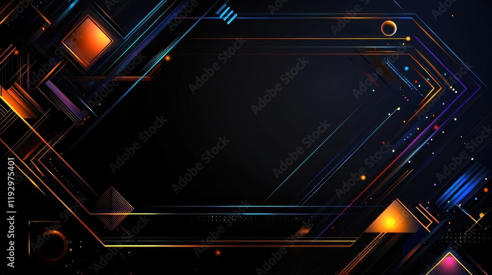 Poster abstract geometric design with dynamic lines and borders in vibrant colors on a dark background