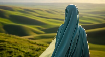 Muslim Woman in a Hijab Dress Walking Along the Road Through a Winter Field