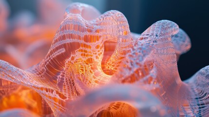 Illuminated orange and blue mesh structure forming intricate patterns and undulating waves, creating a visually captivating abstract design with a sense of depth and complexity