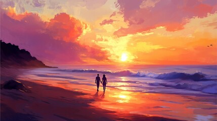 Couple walking hand in hand along beach at sunset with colorful sky
