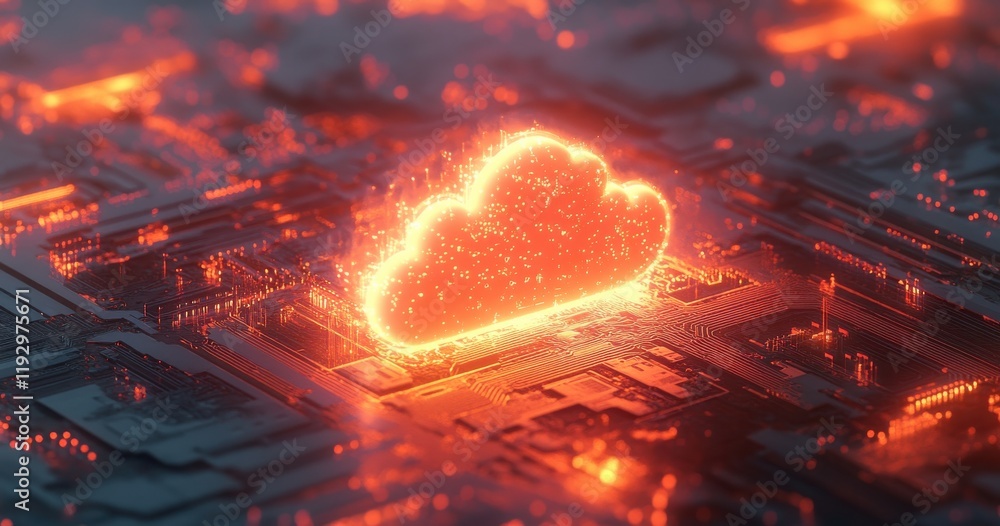 Poster digital cloud icon glowing brightly above circuit board background representing cloud computing tech