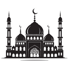 Islamic Mosque Silhouette Vector mosque silhouette, Islamic vector, crescent moon and mosque, black mosque illustration, Ramadan Kareem vector, Eid design element, Islamic art vector, black and white 