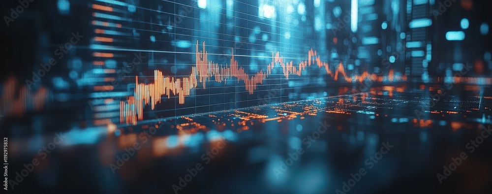 Aufkleber digital financial graph with fluctuating prices and glowing elements in a modern cityscape, represen