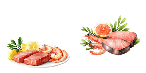 Fresh Seafood Market Display with Tuna and Shrimp