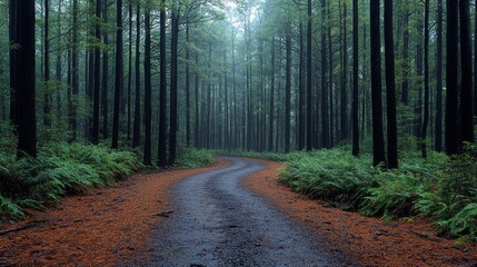 Obraz premium Winding road through misty pine forest