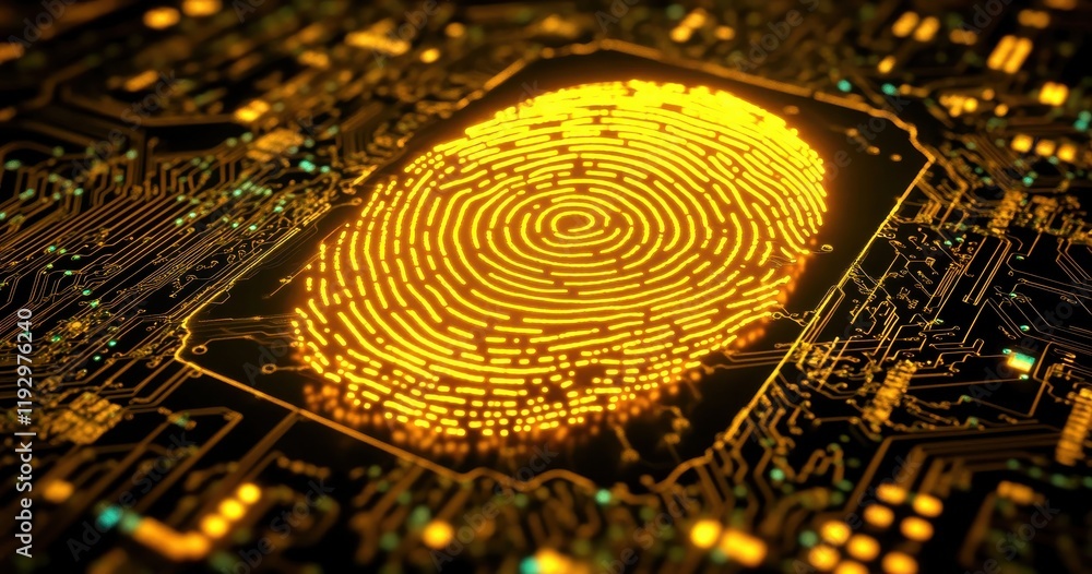 Poster digital fingerprint technology on a glowing circuit board representing security, identity, and moder
