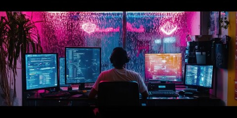 A person working at a computer desk surrounded by multiple screens and neon lights.