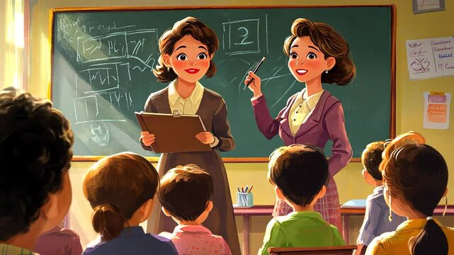 4k video Two smiling teachers instructing a class of elementary school students in a classroom.