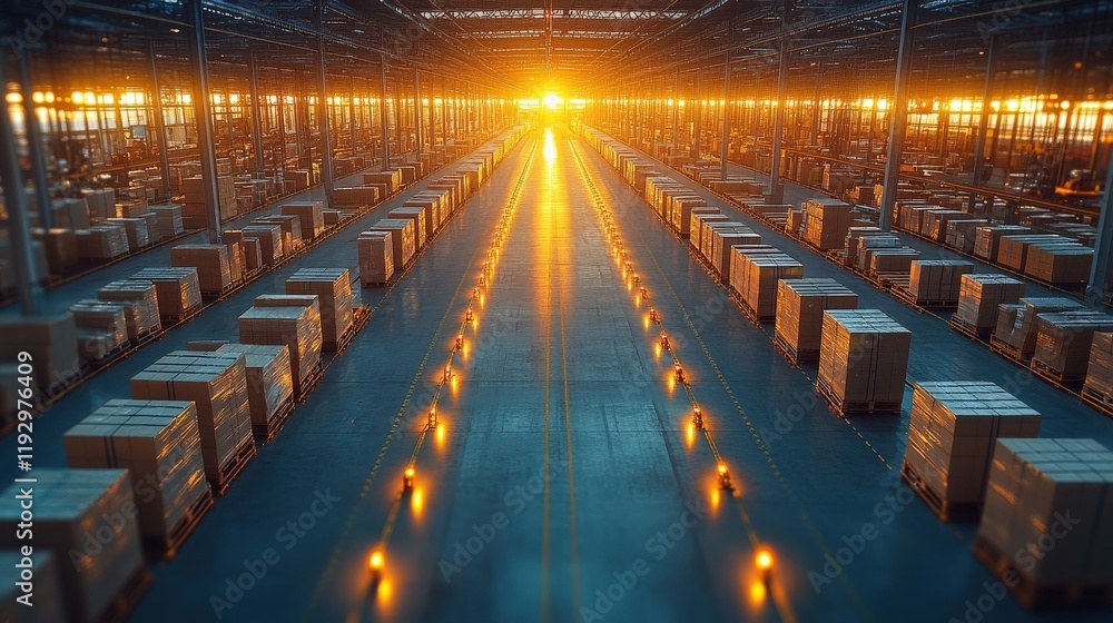 Aufkleber aerial view of a modern warehouse at sunrise with rows of pallets and illuminated aisles creating a 