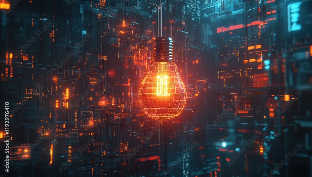 Poster digital light bulb on abstract circuit background with bright glowing elements in a futuristic techn