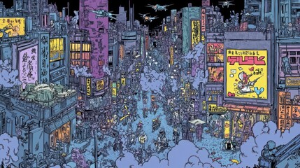 Fototapeta premium A vibrant, futuristic cityscape filled with people, neon lights, and flying vehicles.