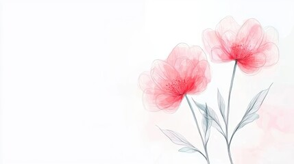 Naklejka premium Soft Floral Artwork with Delicate Pink Flowers and Graceful Green Leaves