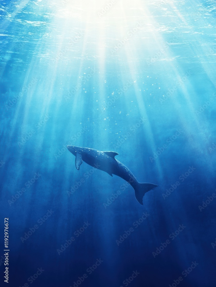 Poster majestic shark swimming gracefully beneath shimmering surface light in deep ocean depths. generative
