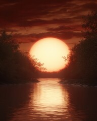 Fototapeta premium Crimson sunset over tranquil river nature scene twilight glow serene landscape calm viewpoint peaceful concept