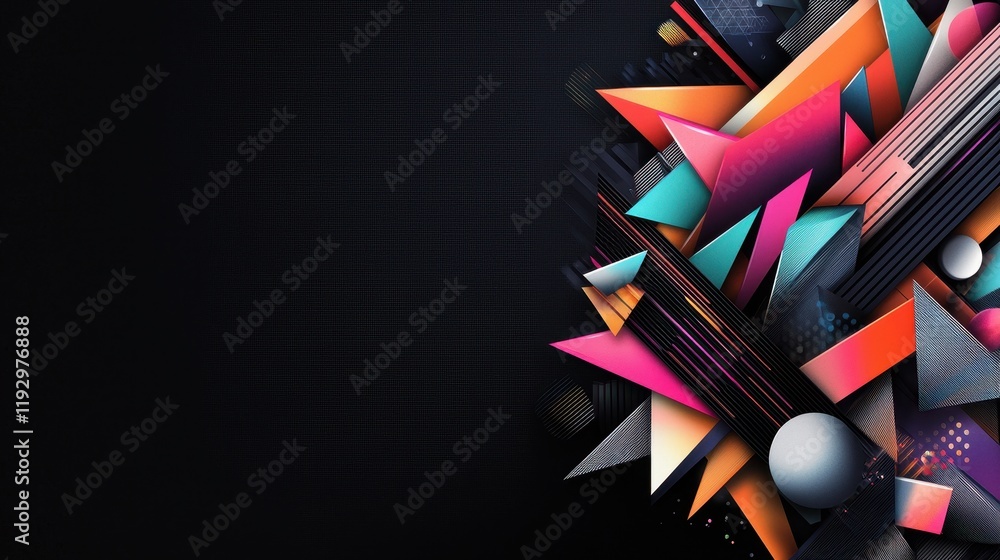 Poster dynamic geometric composition with angular lines and vibrant colors on a dark background