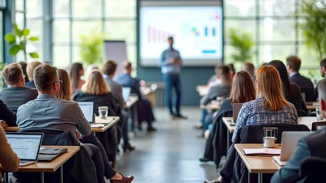 Business presentation, Corporate training session with young adults engaged attendees in bright modern conference room. Slow motion video
