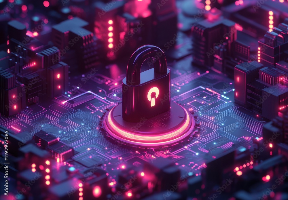 Aufkleber digital security concept featuring a glowing lock on a futuristic circuit board, representing data p