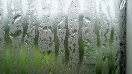 Close-Up of Water Droplets on Glass Surface with Vertical Stripes, Capturing Nature's Beauty and Atmosphere Through Condensation Patterns