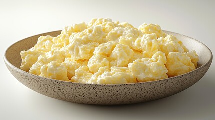 Bowl of fluffy scrambled eggs, close-up.