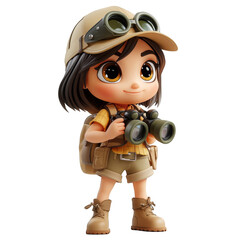 Explorer character with binoculars outdoor adventure digital art animated style playful environment nature theme