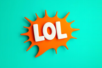 Exclamation LOL explodes from a bright, dynamic speech bubble on light blue background