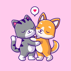 Cute Cat Hug Shiba Inu Dog Cartoon Vector Icon Illustration. 
Animal Love Icon Concept Isolated Premium Vector. Flat 
Cartoon Style 