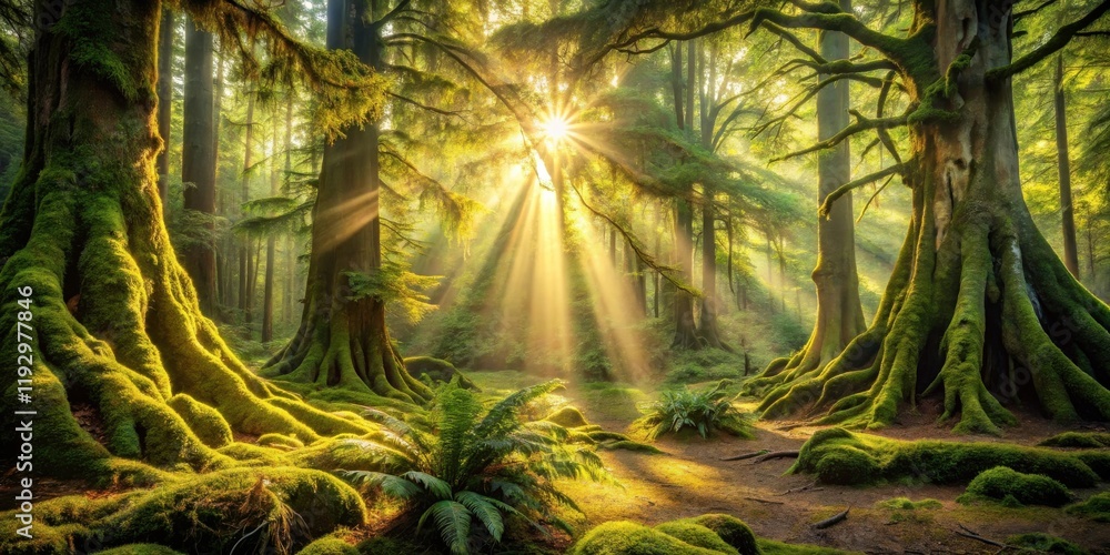 Poster sunbeams illuminate a serene forest, ancient trees draped in vibrant moss, a tranquil path weaving t