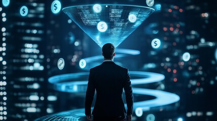 Visual representation of data monetization using a funnel paired with an illustration of a businessman