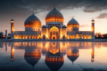 A 3D-rendered scene of Registan Square at sunset, with the shadows enhancing the depth of the ornate tiles and the golden light highlighting the domes