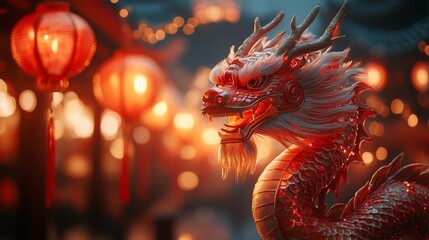 Fototapeta premium Red Fire Dragon in Festive Lantern Glow. Generative AI