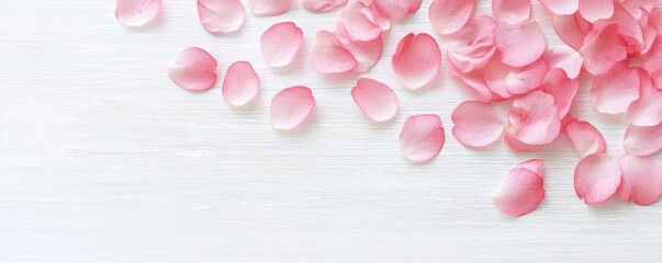 Delicate Pink Rose Petals Spread on White Wooden Surface Background