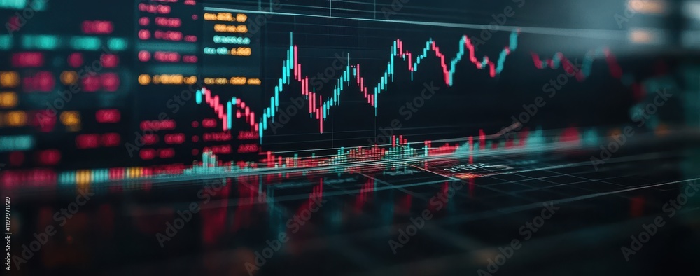 Poster dynamic financial chart with colorful candlestick patterns representing stock market trends and anal