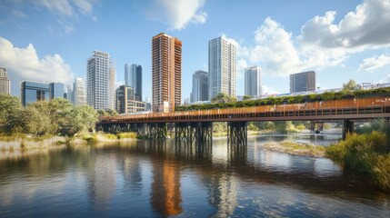 Fototapeta premium A scenic view of a city skyline with a bridge over a river, showcasing urban life.