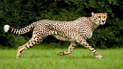 Obraz premium Majestic Cheetah in Motion Across Lush Green Grass, Capturing the Lightning Speed and Grace of This Iconic African Big Cat in Its Natural Habitat