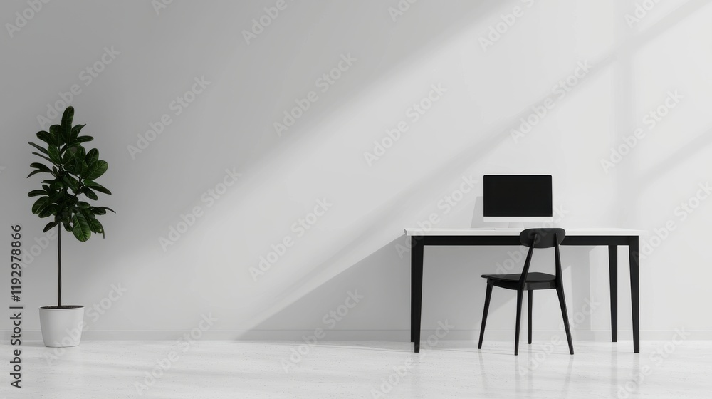 Poster minimalist and bright home office promoting productivity with computer and chair