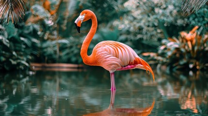 Fototapeta premium Elegant Flamingo Standing on One Leg in Serene Tropical Environment Surrounded by Lush Greenery and Reflections in Calm Water