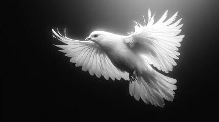 Fototapeta premium Elegant White Dove in Flight on Black Background. Generative AI