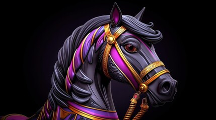 Elegant Black Carousel Horse Head Purple Gold Decor 3D Render