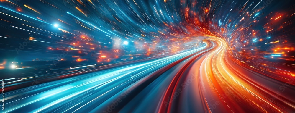 Poster dynamic light trails creating a vivid abstract background in motion with blue and red hues, represen
