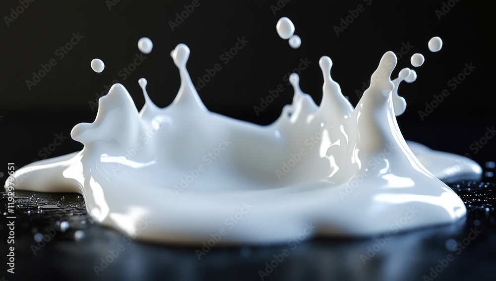 Poster Dynamic Splash of White Liquid on Dark Surface Captured in High-Resolution with Droplets Forming an Artistic and Engaging Visual Feature Displaying Fluid Movement