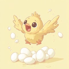 Joyful chick leaps over eggs, pastel background, spring card