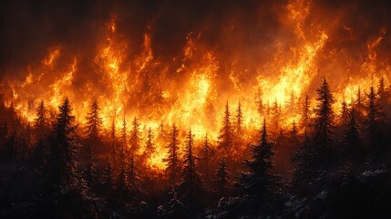 Naklejka premium Fiery inferno consuming a dense forest at night.