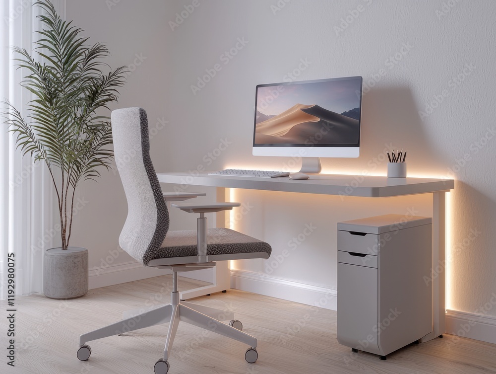 Poster modern desktop workspace design for tech-focused designers in a minimalist environment