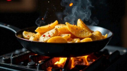 fried potatoes in a frying pan on the fire